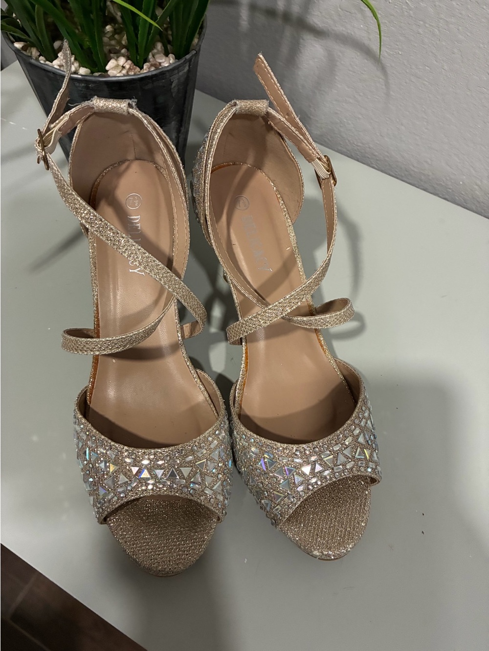 Glittered Gold Open-Toe Heels with Crystal Embellishment